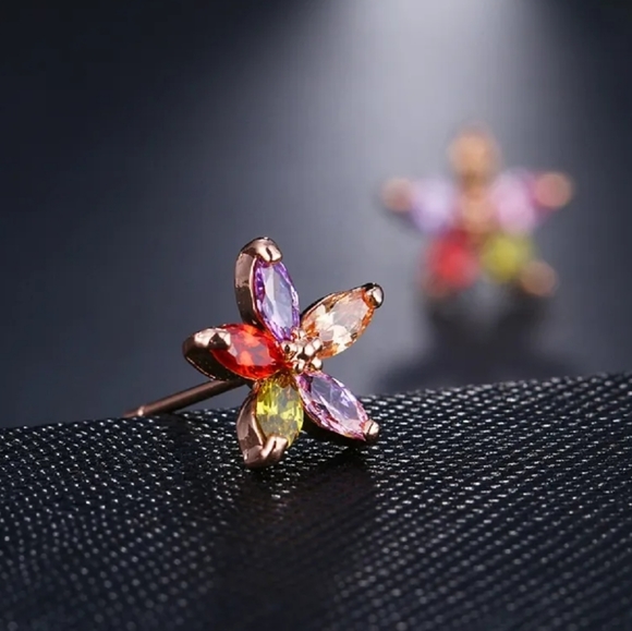 Rainbow Multi Coloured Zirconia Gem Studded Rose Gold Earring Tops - Picture 5 of 5